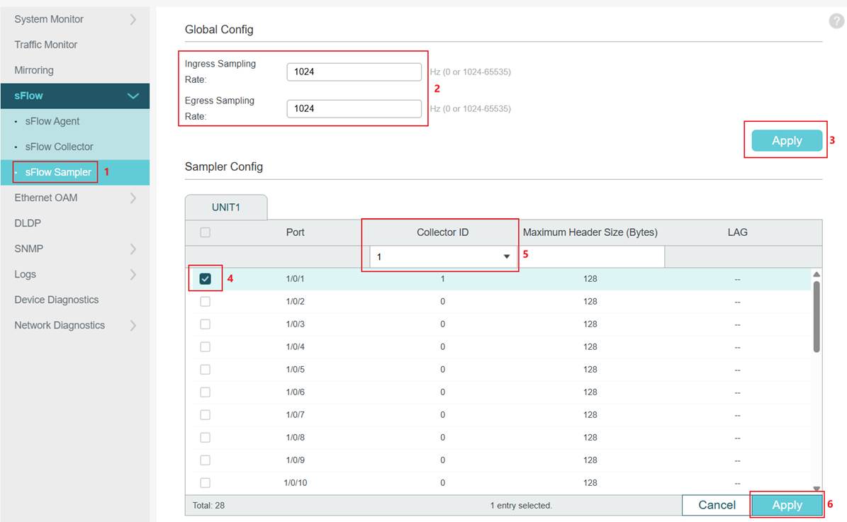 Alt text: Configuration page of sFlow Sampler on Omada Campus switches and Omada Pro L3 switches.