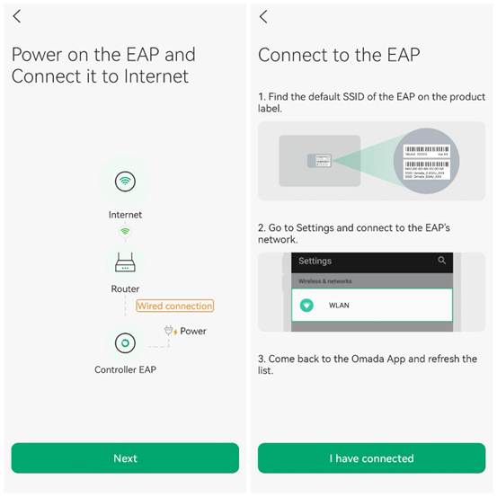 On-screen guide about power on the EAP and connect it to Internet.