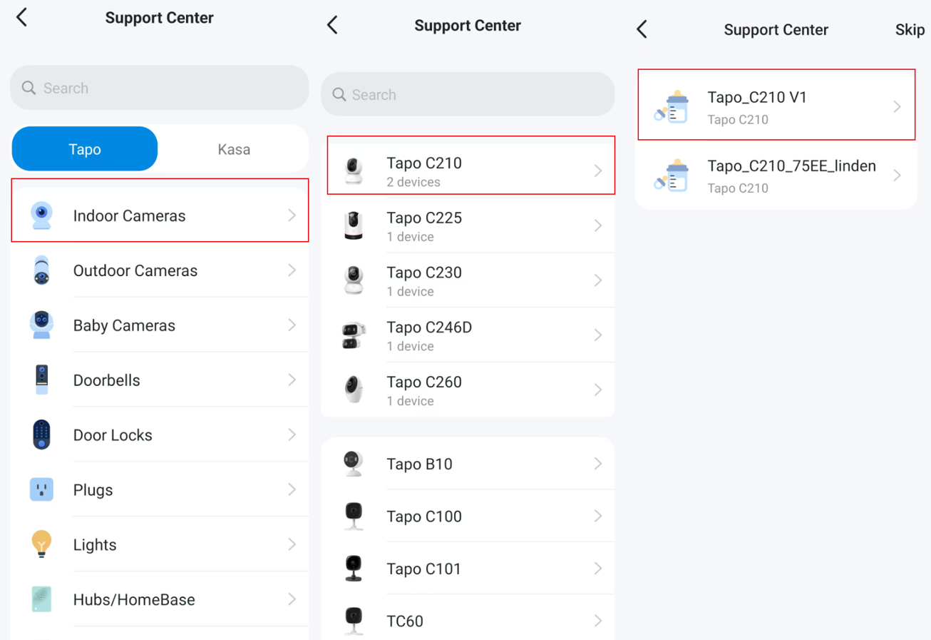 Steps to select the device in Support Center.