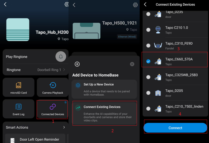 Steps to connect an existing Wi-Fi Camera to Tapo H500 hub.
