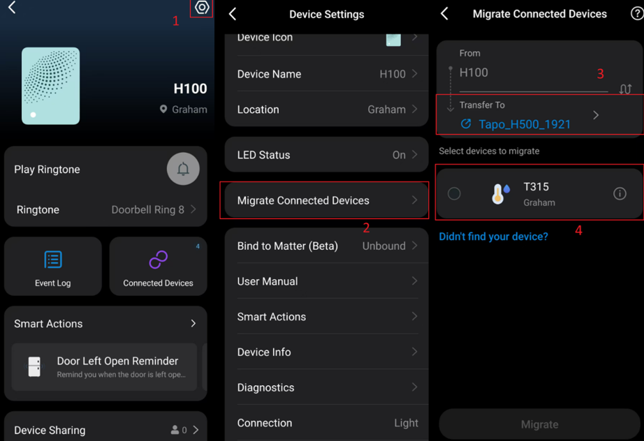 Steps to select the device in the “Migrate Connected Devices” feature.