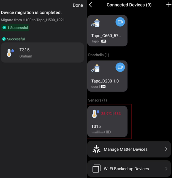 Migration completed, and the device will show on the new hub.