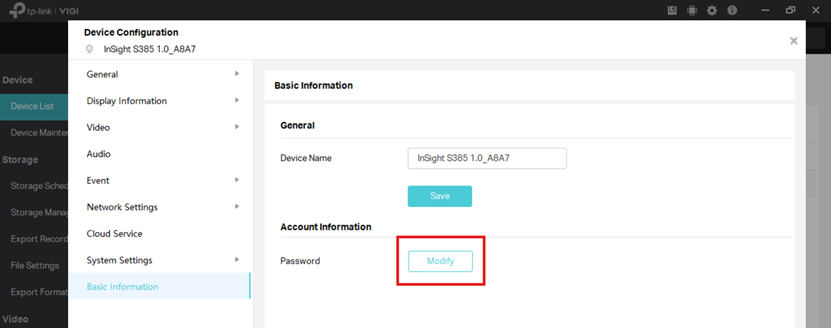 Screenshot of VIGI Security Manager Modify Password page.