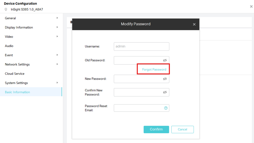 Screenshot of VIGI Security Manager Forgot password page.