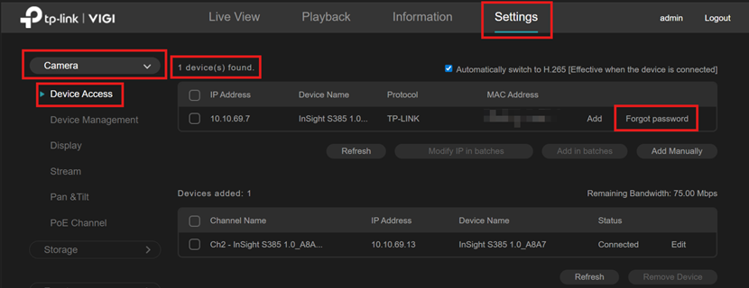 Screenshot of VIGI NVR Device Forgot password option.