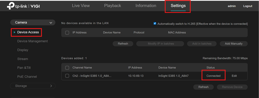 Screenshot of VIGI NVR camera Status check.
