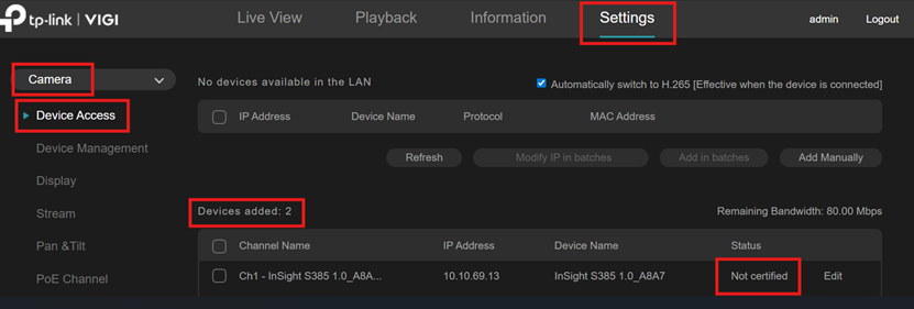 Screenshot of VIGI NVR camera Status check.