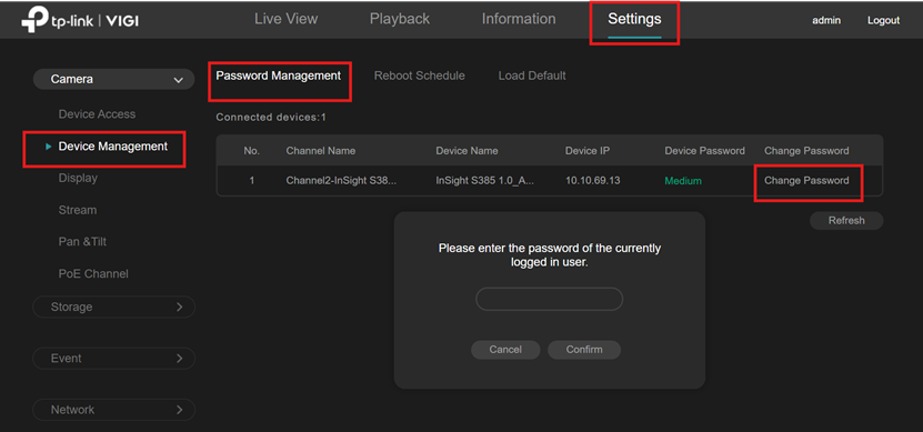 Screenshot of VIGI NVR Change password login.
