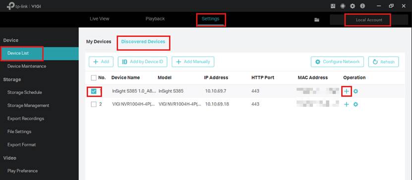 Screenshot of VIGI Security Manager Device list Discovered Devices.