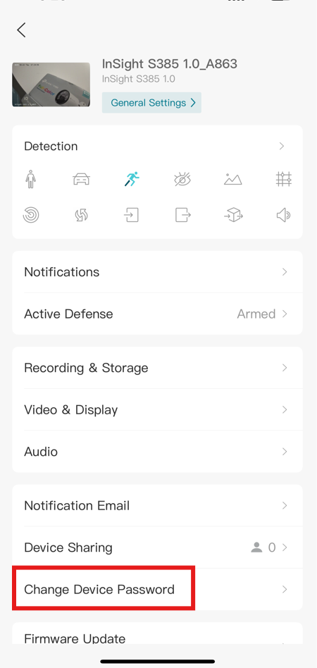 Screenshot of VIGI App Change Device Password.