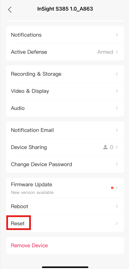 Screenshot of VIGI App Reset.