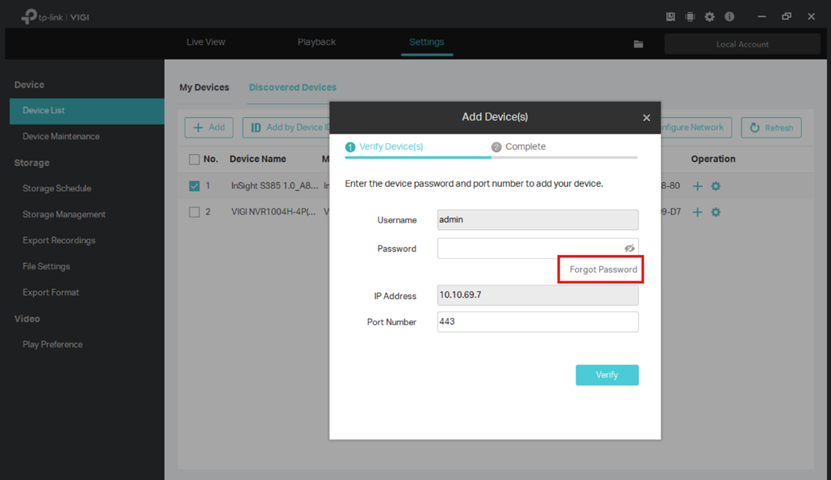 Screenshot of VIGI Security Manager Device Forget Password path.