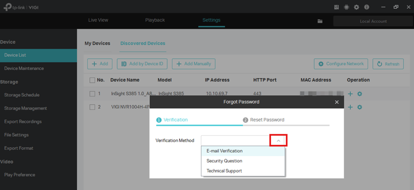 Screenshot of VIGI Security Manager Verification Methods available.