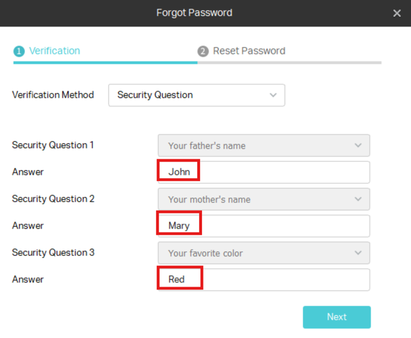 Screenshot of VIGI Security Manager Security Question page.