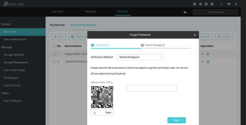 Screenshot of VIGI Security Manager Technical Support page.