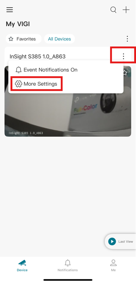 Screenshot of VIGI App More Settings menu for Camera.