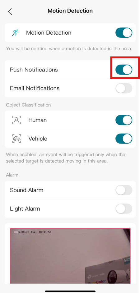 Screenshot of VIGI App with highlighted Push Notifications toggle button.