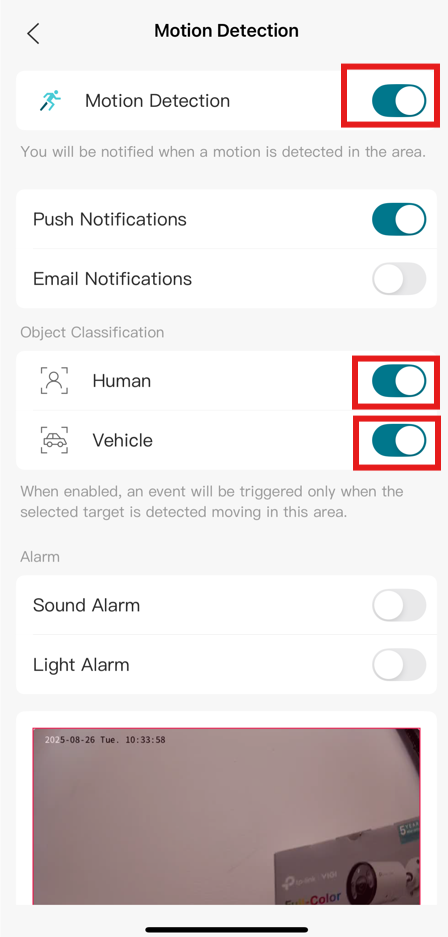 Screenshot of VIGI App Enable Object Classification Human and Vehicle toggle buttons highlighted.
