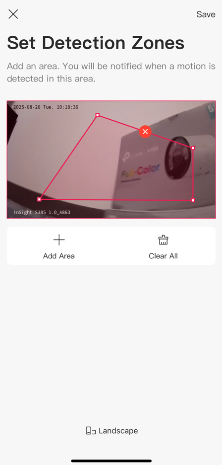 Screenshot of VIGI App Set Detection Zones custom area.