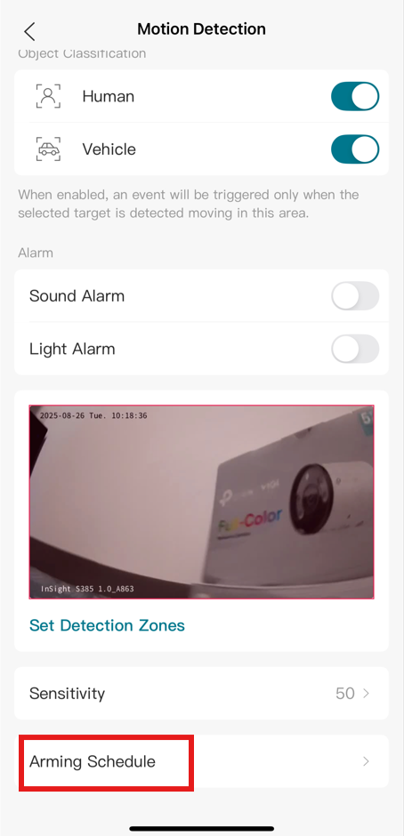 Screenshot of VIGI App with highlighted Arming Schedule option.