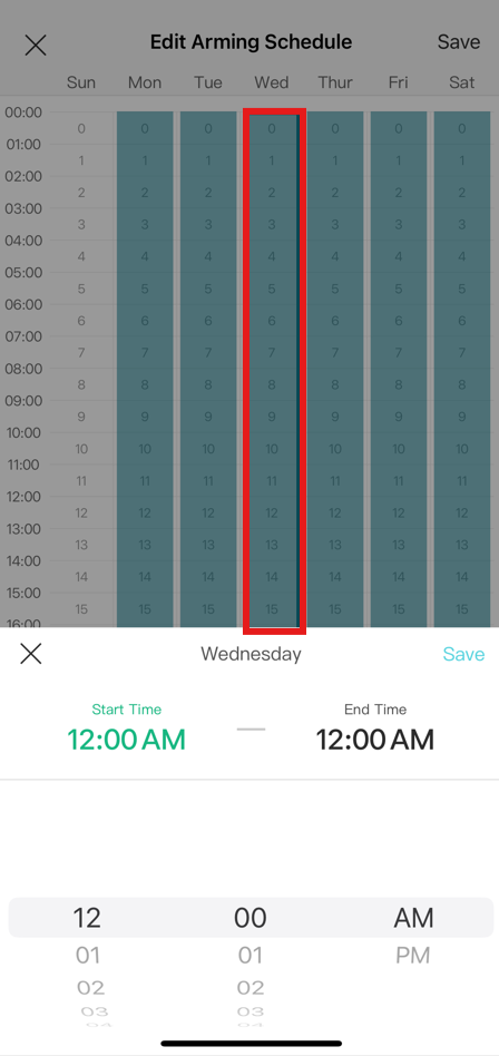 Screenshot of VIGI App with Arming Schedule interval configuration.