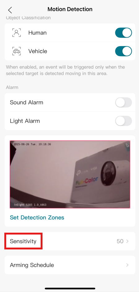 Screenshot of VIGI App with highlighted Sensitivity option.
