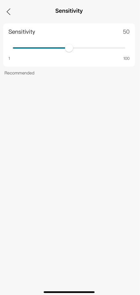 Screenshot of VIGI App with Sensitivity adjustment slider.