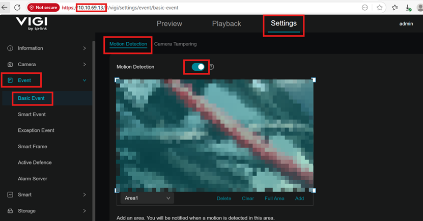Screenshot of Camera’s Web Interface Motion Detection.