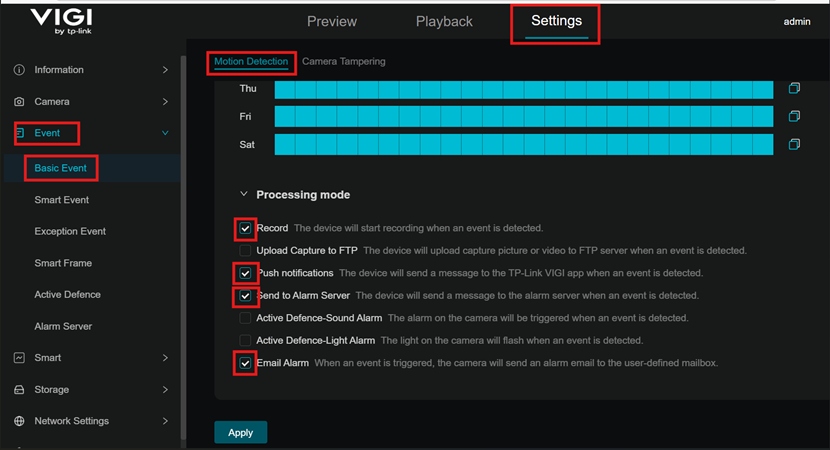 Screenshot of Camera’s Web Interface enable Notifications.