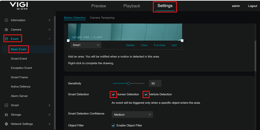 Screenshot of Camera’s Web Interface Smart Detection.