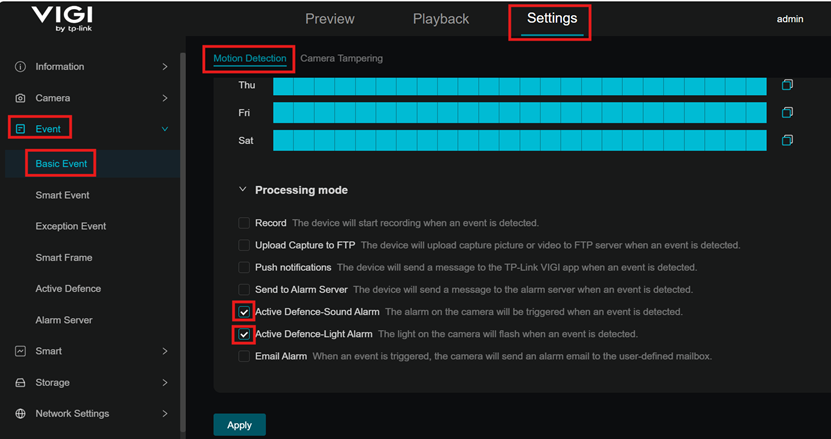 Screenshot of Camera’s Web Interface Alarm configuration.