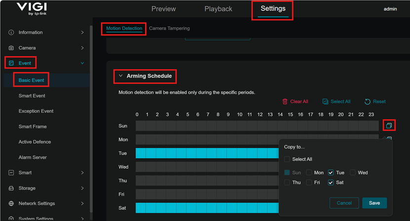 Screenshot of Camera’s Web Interface Arming Schedule.