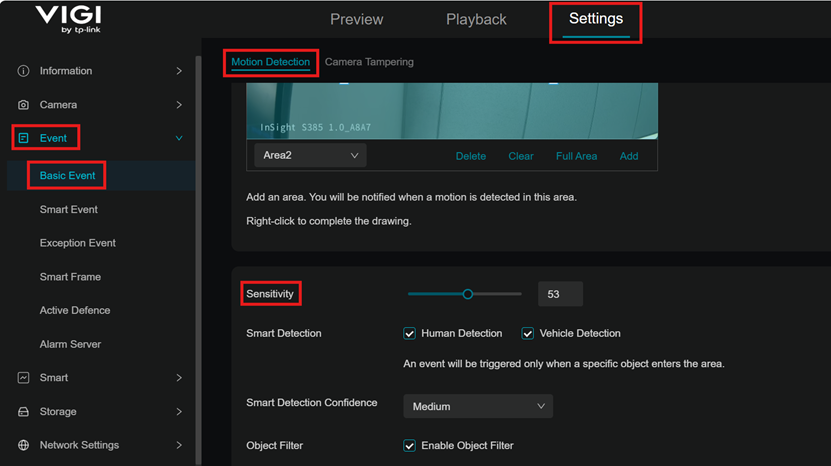 Screenshot of Camera’s Web Interface Sensitivity.