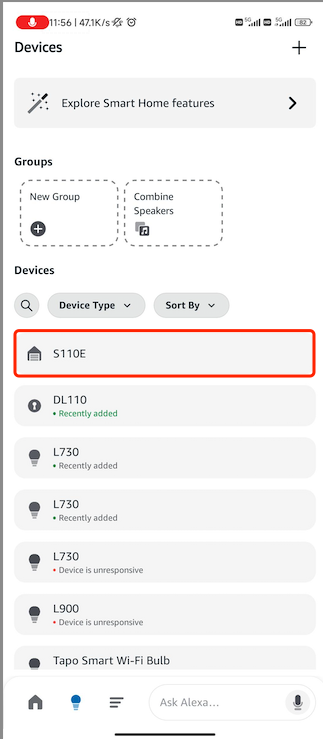 Alexa app screenshot page-Tap S110E device.