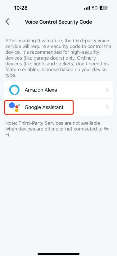 Tapo app S110E settings-voice control Page.