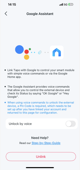 Tapo app S110E settings-voice control-Google Assistant Page.