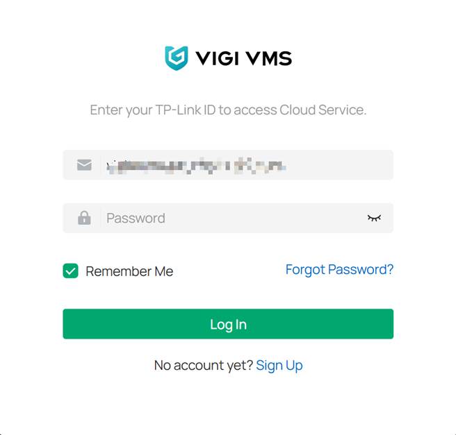 VIGI Cloud VMS login page.