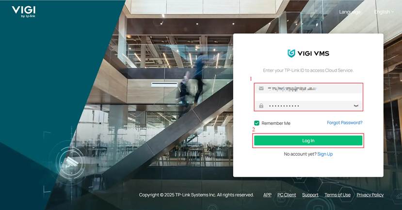 VIGI Cloud VMS login page with invited account.