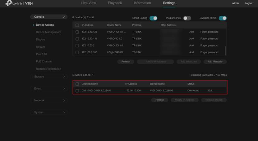 Show the position of the list of added cameras.