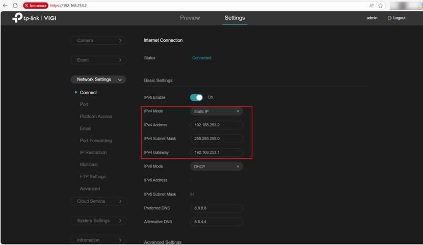 Show IP settings on NVR.