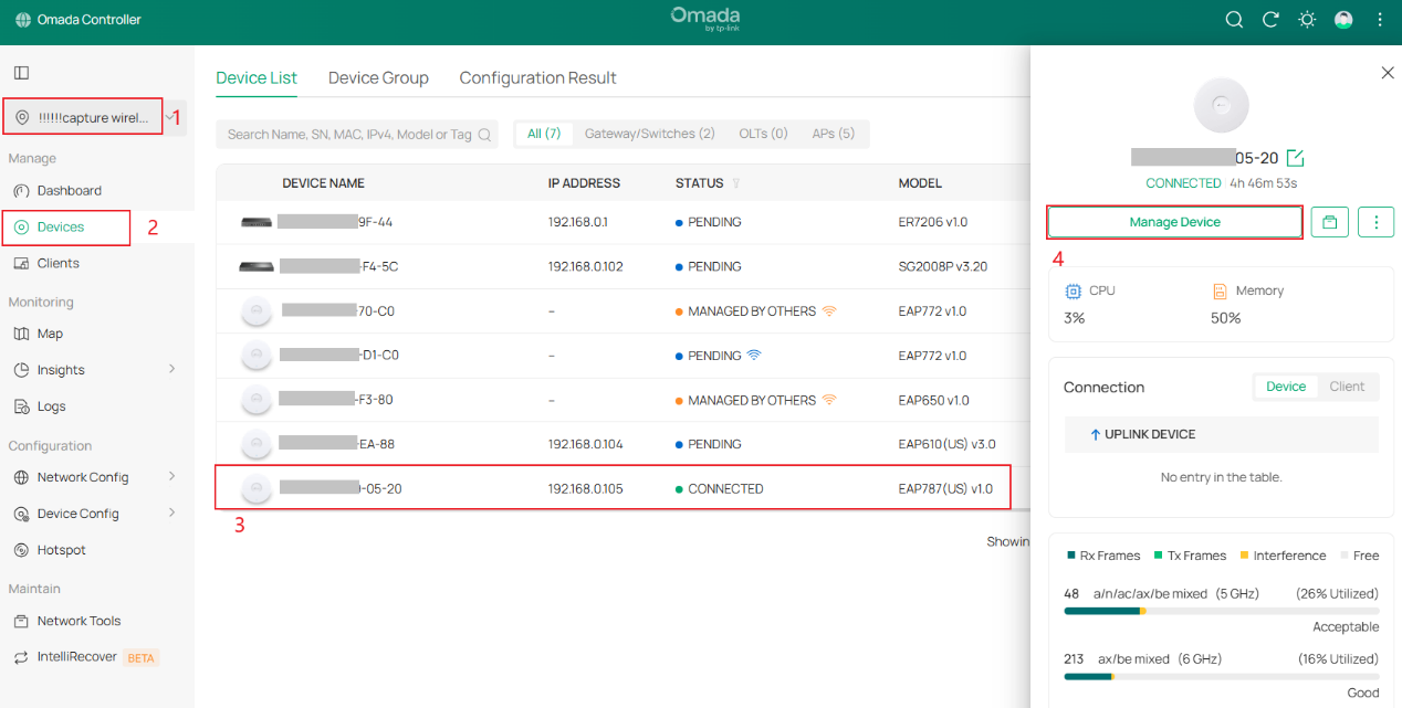 The third entry points that can navigate to the packet capture, go to Site > Device.