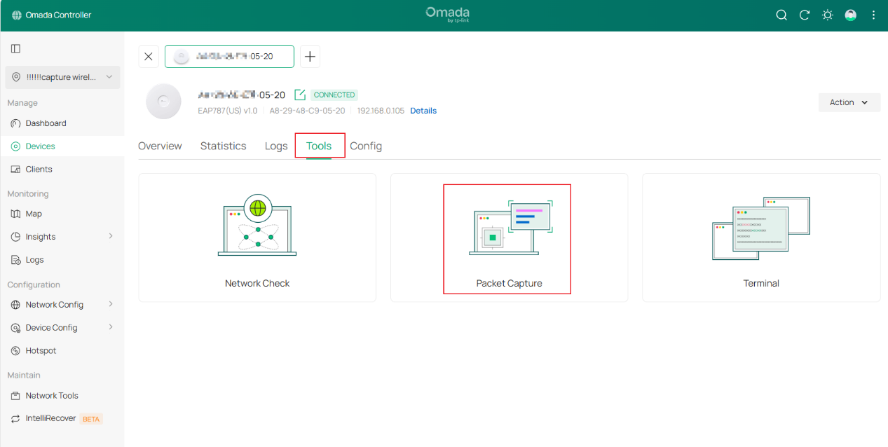 The third entry points that can navigate to the packet capture, go to Manage Device > Tools > Packet Capture.