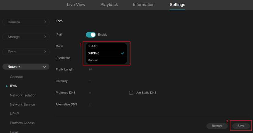 Select DHCPv6 mode.