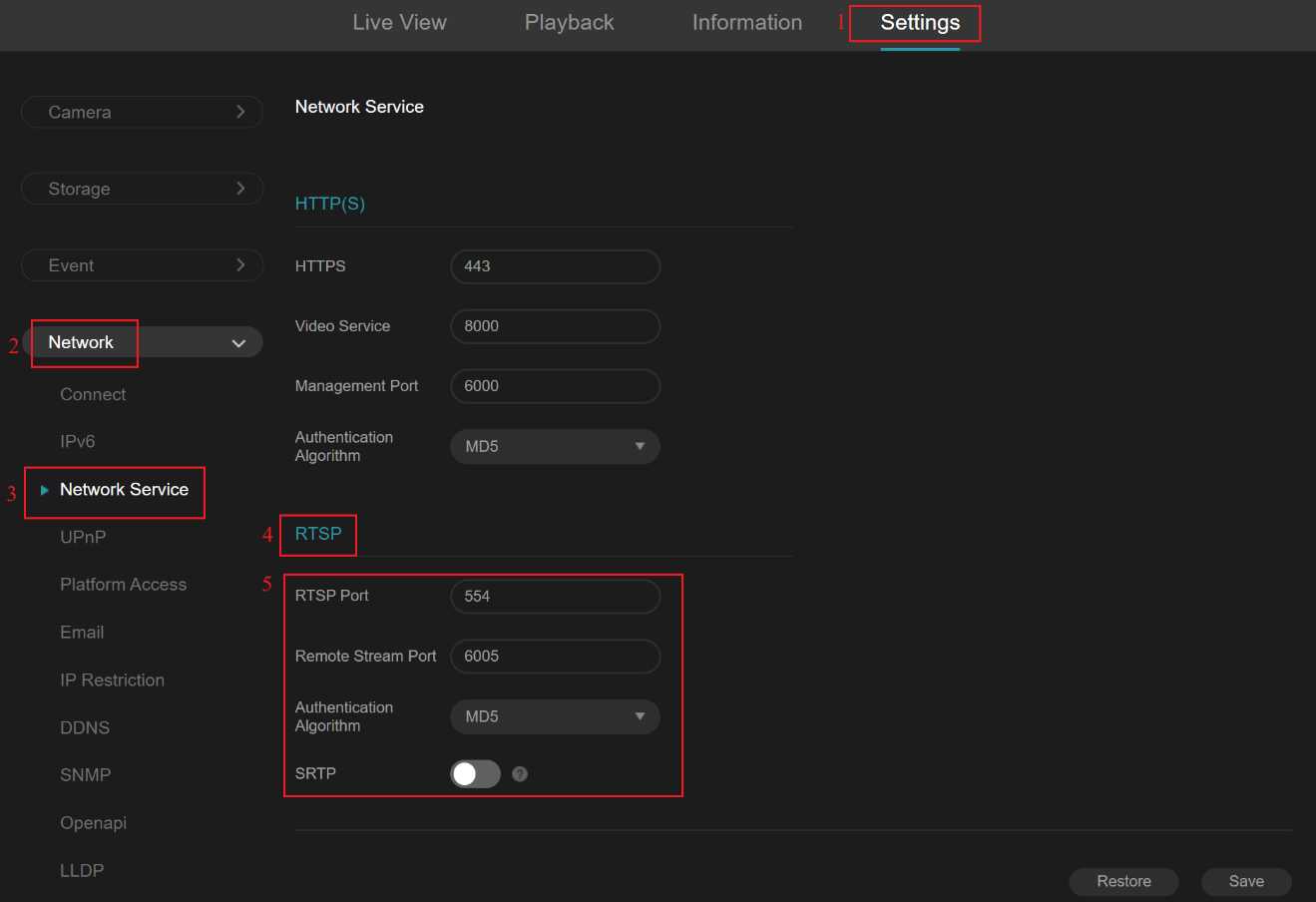 Alt text: RTSP Server configuration page.
