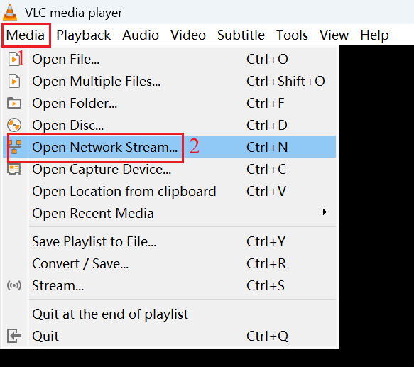 Alt text: The location for Network Stream in VLC Media Player.
