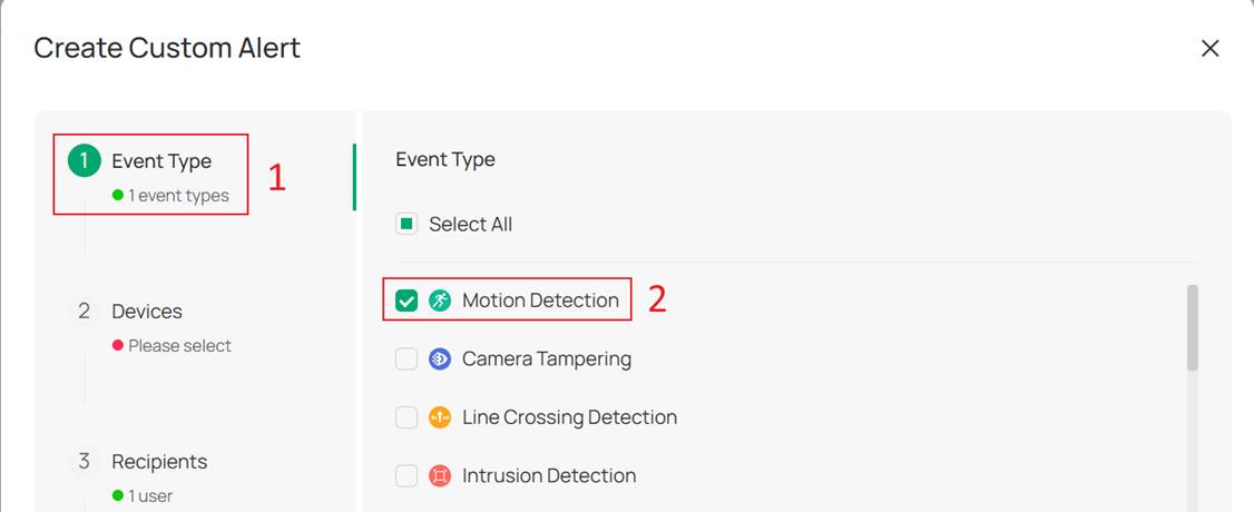 Alt text: selecting Event Type as Motion Detection.