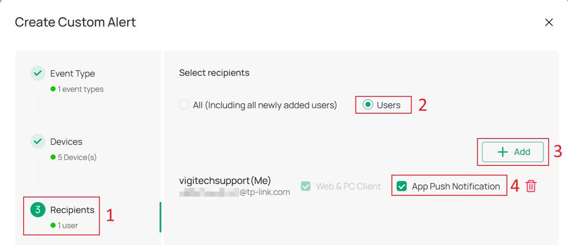Alt text: selecting the current user (Me) as recipients and enabling App push notifications.