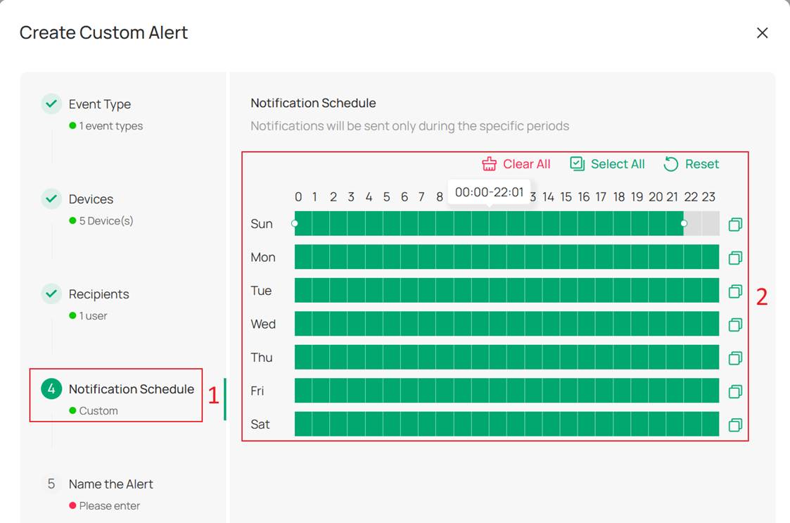 Alt text: Configuring the schedule for the alert as you wish.