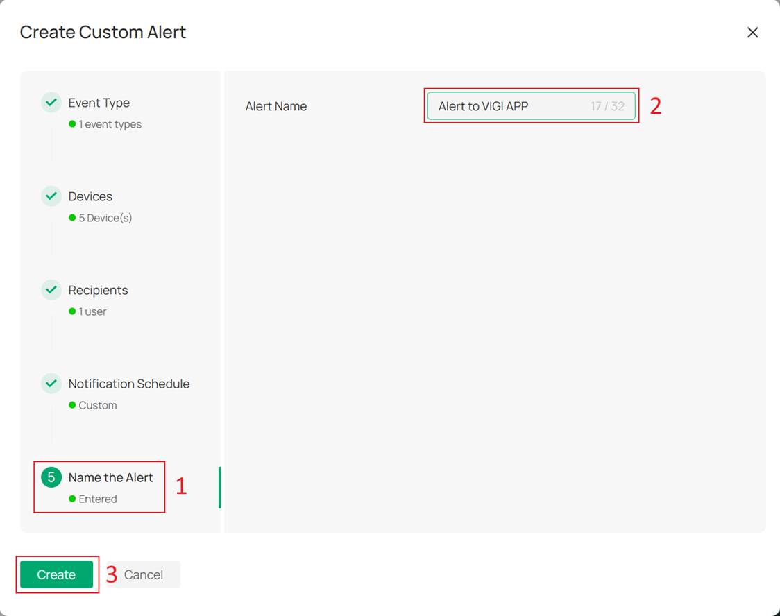 Alt text: naming the Custom Alert rule as Alert to VIGI App and finishing setup.
