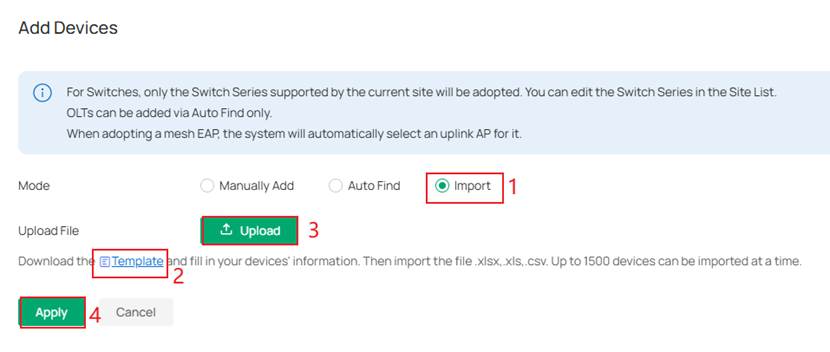Choose Import as the adding device mode.